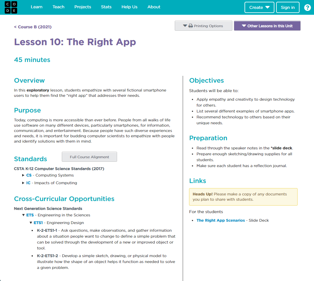 screenshot of a Computer Science Fundamentals lesson plan showing objectives, standards, and more