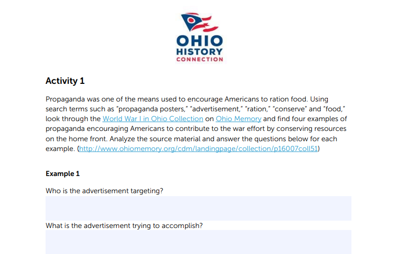 visual of an example lesson from Ohio History Connection