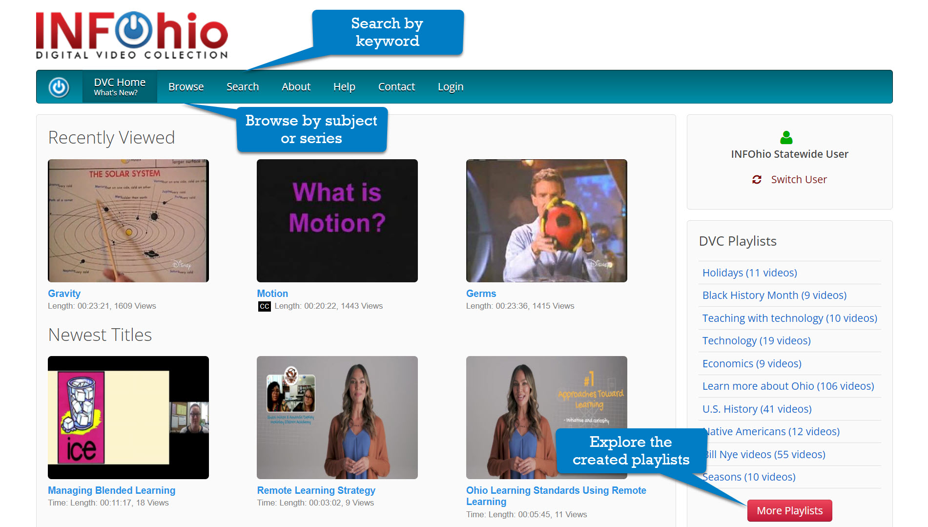 INFOhio's Digital Video Collection home page