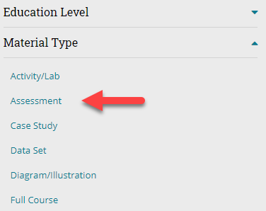 screenshot of filters in Open Space with arrow pointing to Assessment filter