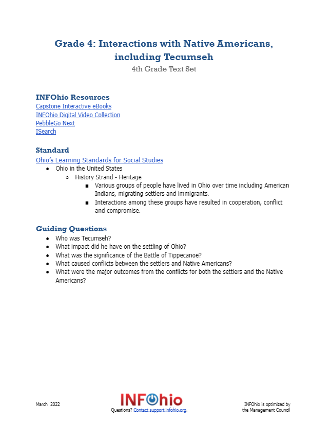 Fourth Grade Text Set: Interactions with American Indians, including Tecumseh