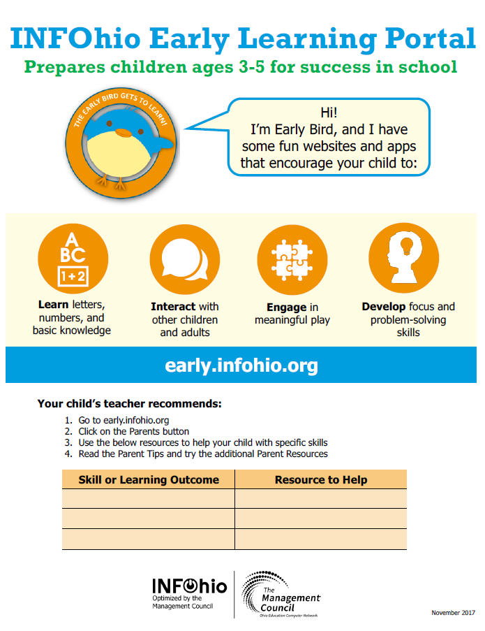 INFOhio Early Learning Portal Parent Handout