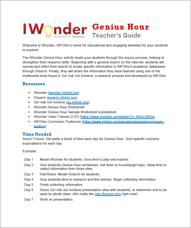 IWonder Genius Hour Teacher's Guide