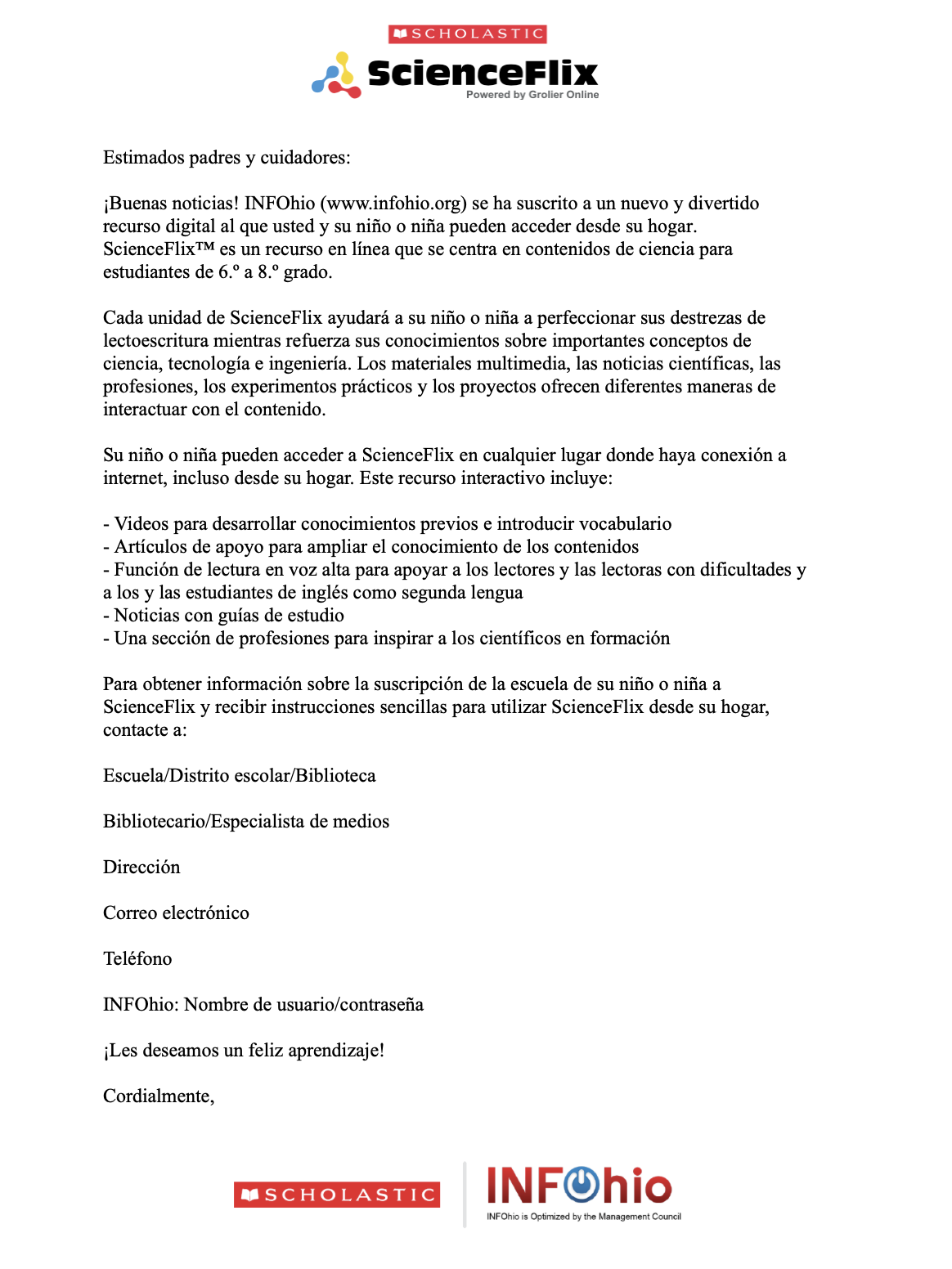 ScienceFlix Parent Letter (Spanish) 