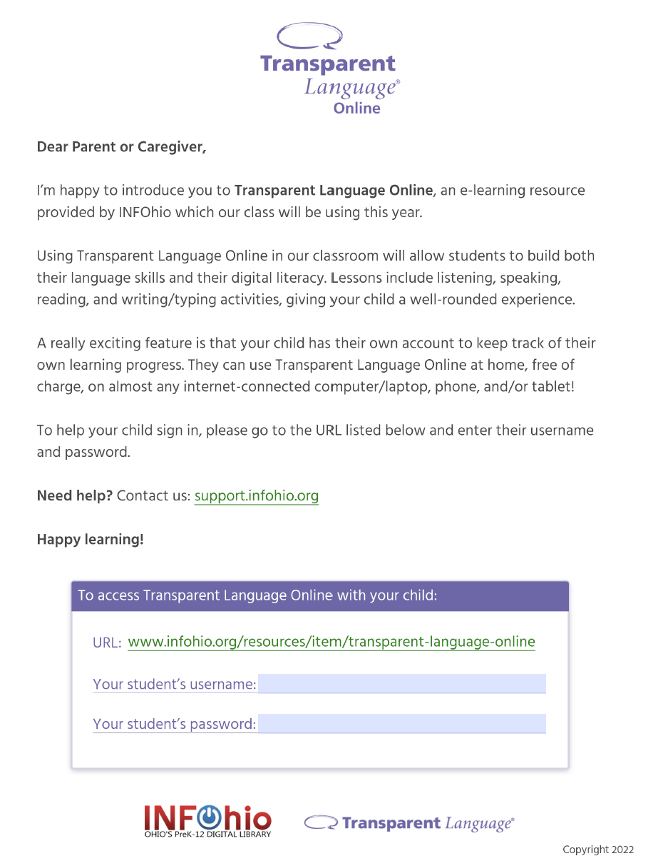 Transparent Language Online Parent Letter